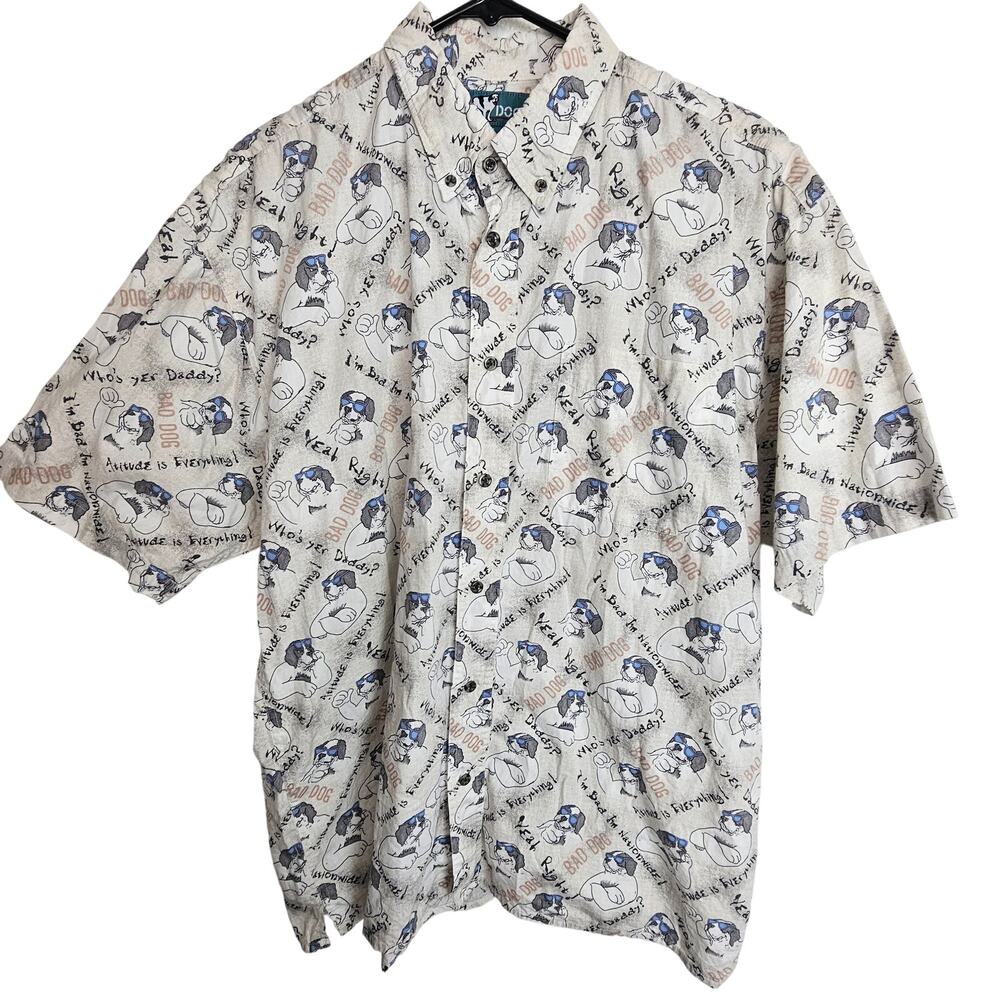 Big Dogs Mens Saint Bernard Dog Print Button Shirt Sz L Y2K Novelty 90s Cotton